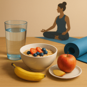 Sund morgenmad med havregrød, frugt og vand samt yogamåtte